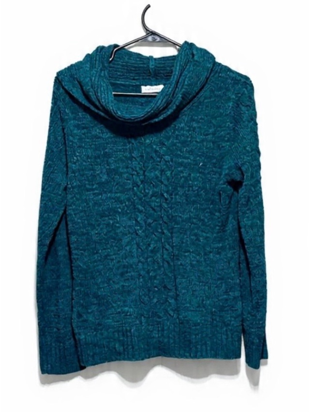 Bonita Teal Cowl Neck Cable Knit Sweater Size M Chenille Soft